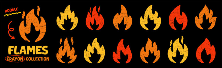 Crayon fire flame doodle set. Punk rock burning elements in sketch style, grunge chalk texture. Hand drawn vector illustration isolated on black background