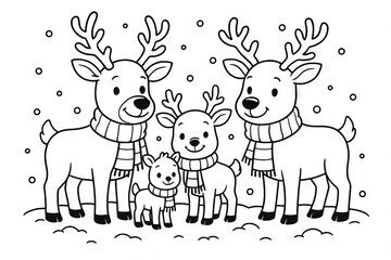 Cute reindeer family christmas coloring page for kids featuring snow and scarves illustration. concept of holiday fun, creative activity, festive drawing