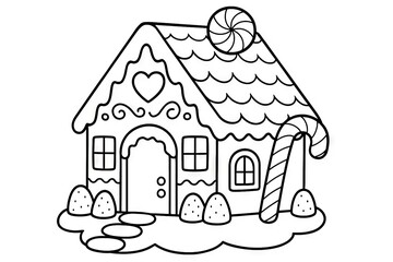 Whimsical christmas coloring page for children featuring festive gingerbread house with candy elements. concept of holiday fun, creative activity, celebrating christmas