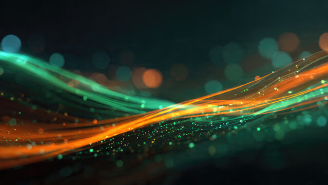 Dynamic abstract background featuring flowing orange and teal light trails with sparkling particles, symbolizing data, energy, and digital connectivity.