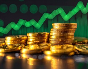 Golden coins stacking up against a blurred green financial graph, illustrating investment growth, market success, and economic prosperity