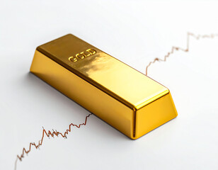 Solid gold bullion bar representing investment and wealth, with an upward trending stock market financial chart