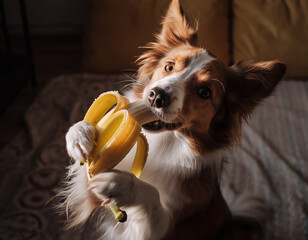 Brown and white border collie dog holding and eating a banana, looking directly at the camera. Healthy pet snack concept