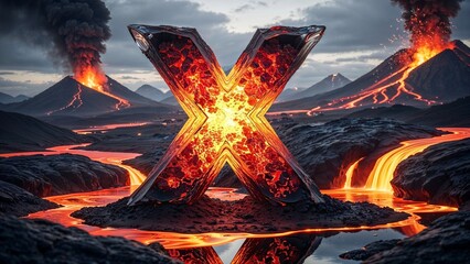 Volcanic molten letter X in 3D fantasy style, glowing orange and dark lava colors, powerful energy symbol and dramatic background,