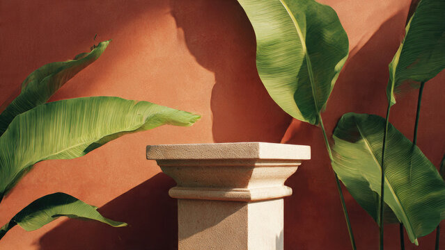 Minimalist stone pedestal against a warm terracotta wall, framed by lush tropical leaves with sunlight and sharp shadows. Perfect for product display.