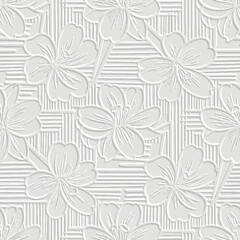 Embossed modern 3D seamless floral pattern. Debossed relief white flowers on a striped woven emboss background. Great for luxury textiles and paper goods. Endless surface texture with embossing effect