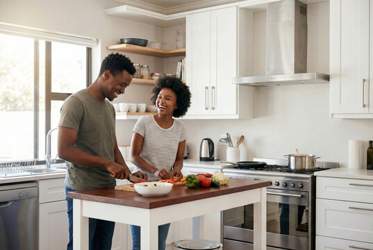 Happy couple preparing fresh vegetables together in bright modern kitchen, enjoying cooking and quality time in a cozy home atmosphere