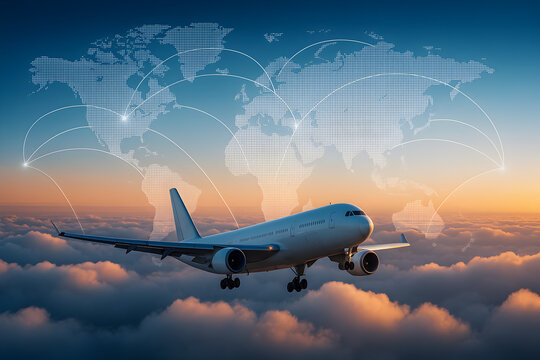 Passenger airplane flying above clouds with world map and connection routes in sky representing global air travel network and international flight routes
