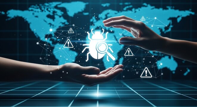 Global cybersecurity concept with hands holding a bug icon, symbolizing vulnerability assessment, software testing, and threat detection on a digital world map