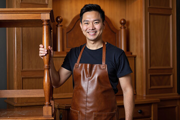 Proud Asian male craftsman wearing a leather apron smiles while holding a wooden furniture frame in his traditional carpentry workshop or design showroom
