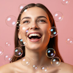 Joyful Woman Laughing Surrounded by Floating Soap Bubbles