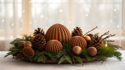 Christmas eco friendly table centerpiece with pinecones fir branches and brown ornaments creates warm festive atmosphere indoors