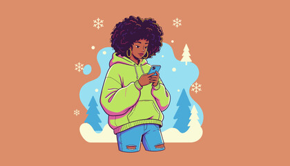 Stylish young woman with afro texting on a phone in a winter scene modern vector illustration