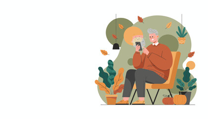 Happy senior man texting on smartphone in a cozy autumn living room Digital connection concept