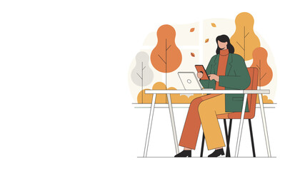 Businesswoman multitasking with technology at an autumn workspace