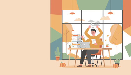 Stressed worker overwhelmed by excessive paperwork and deadlines in the office Multitasking concept