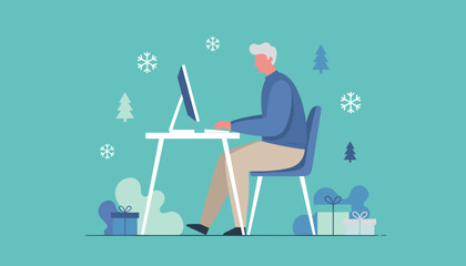 Older man works or shops online at a desk surrounded by winter holiday elements and gifts