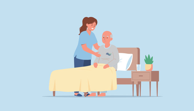 Healthcare worker helping senior man sit up in bed Elderly care and compassionate service