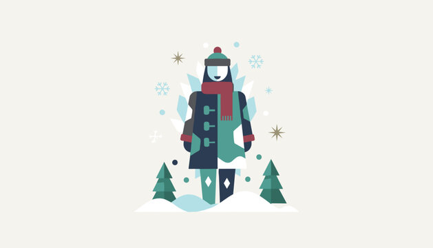 Cheerful character in a duffle coat and scarf standing in a stylized winter landscape with snow and trees