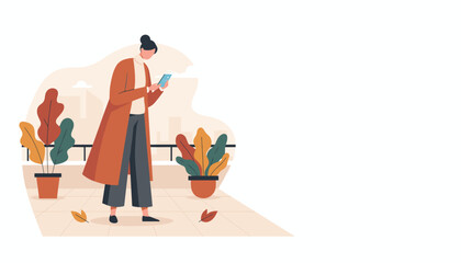 Casual woman uses phone on a city terrace with autumn plants urban lifestyle illustration