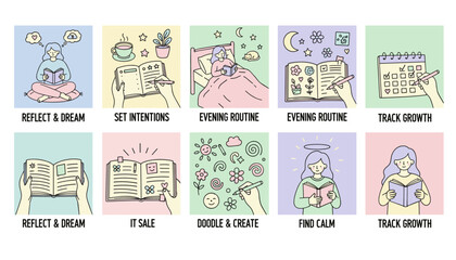 Daily routines set for selfcare and productivity journaling reflection tracking growth and finding calm