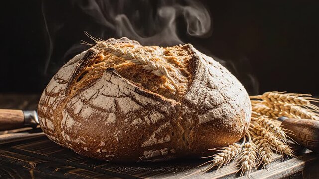 Freshly baked artisan bread with wheat stalks emitting steam