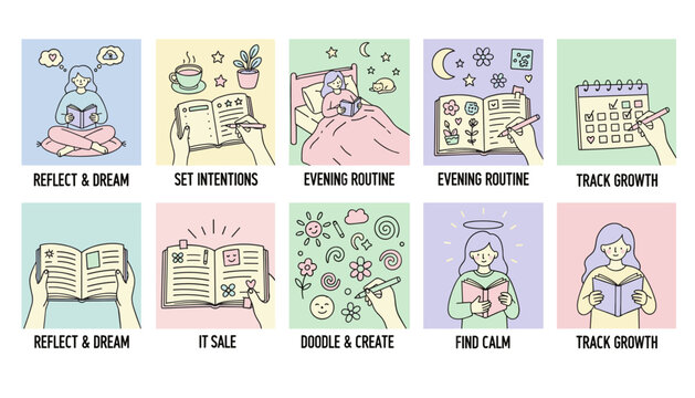 Daily routines set for selfcare and productivity journaling reflection tracking growth and finding calm