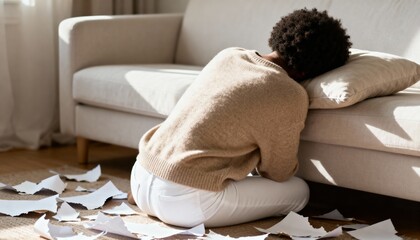 An exhausted and frustrated woman kneeling on the floor surrounded by torn papers. Person experiencing burnout and creative block. Mental health and stress concept