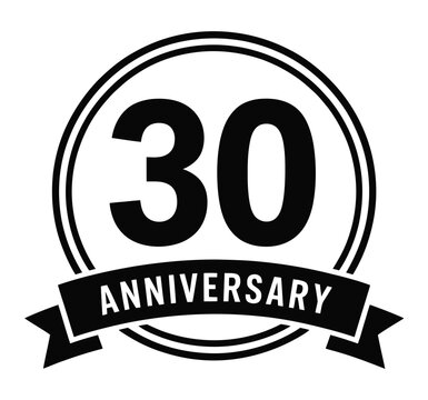 A black and white thirtieth anniversary logo with circle and banner design on transparent background