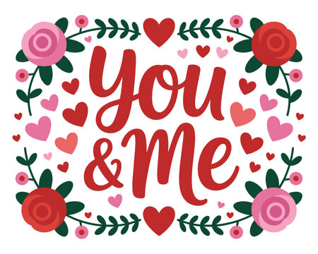 Illustration of you and me text with hearts and flowers on a white background on transparent background