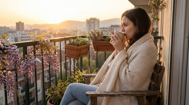 Woman wrapped in cozy blanket sipping hot drink on balcony with flowers, enjoying peaceful sunrise view over city buildings
