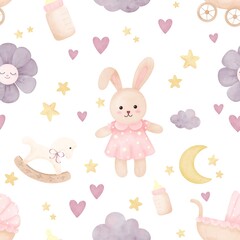 Baby Girl Nursery Watercolor Seamless Pattern, Cute Bunny and Toys 