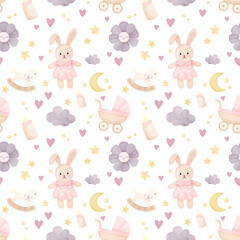 Pastel Baby Girl Watercolor Pattern, Bunny, Stars and Nursery Decor on Transparent Background