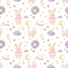Obraz premium Pastel Baby Girl Watercolor Pattern, Bunny, Stars and Nursery Decor