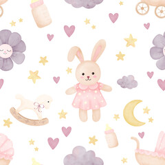 Baby Girl Nursery Watercolor Seamless Pattern, Cute Bunny and Toys on Transparent Background