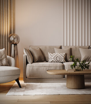 Modern cozy living room with a beige sofa, wooden coffee table, decorative pillows, and a glass vase with green branches in a warm minimalist interior. 3D Rendering, 3D Illustration