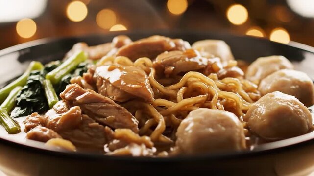 Delicious Indonesian Mie Ayam with Meatballs and Vegetables, a Traditional Street Food Delicacy.