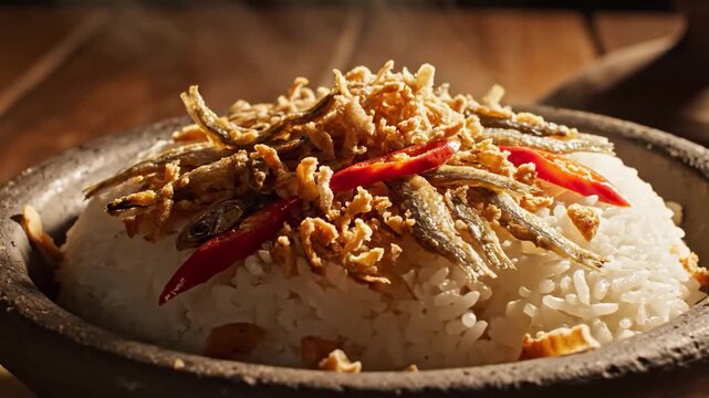 Delicious Indonesian Nasi Liwet with Crispy Anchovies and Chili Peppers on a Traditional Plate.