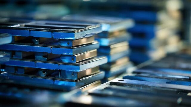 Medium shot of layered cobalt strips carefully stacked and bonded highlighting the intricate assembly process of battery components.