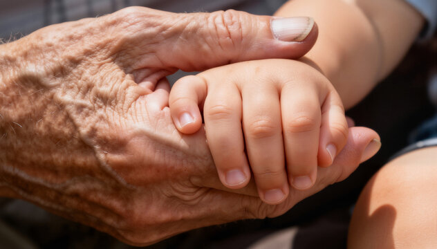 An elderly hand gently holds a small child's hand, symbolizing connection and love across generations. 