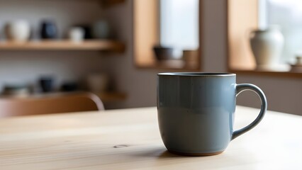 Fototapeta premium Aesthetic Dark Gray Coffee Mug on a Wooden Table in a Cozy Cafe Setting.