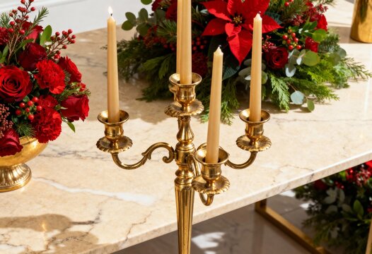 Elegant Christmas table setting with gold candelabra and red flowers on marble table. Festive holiday centerpiece with poinsettia, roses and lit candles. Luxury home decor