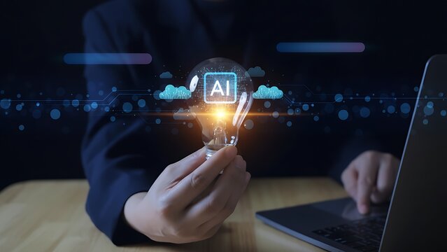 Businesswoman’s hand holding a glowing light bulb, symbolizing artificial intelligence, creative innovation, and future-thinking in business and technology. Light bulb