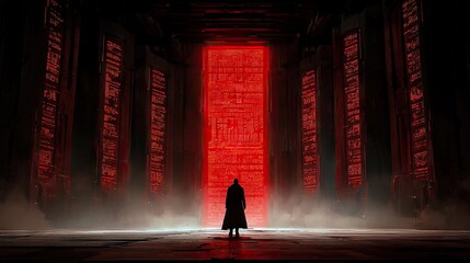 A lone silhouette stands in a futuristic, red-lit corridor, with a large glowing doorway and data panels. The scene is dark and mysterious, with a sense of anti