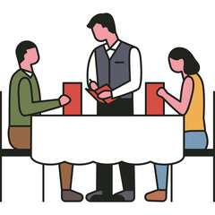 Restaurant Service Scene Waiter Attentive to Couple at Table with Menus Dinner Order Taking Casual Dining Experience Minimalist Style Illustration