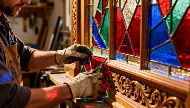 Craftsman carefully fitting vibrant stained glass panels into an ornate window frame enhancing interior with colorful light patterns. - Powered by Adobe