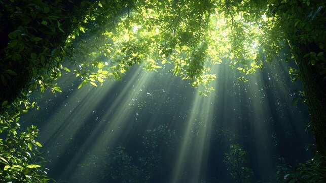 A beautiful forest scene with sunlight streaming through the canopy, creating a serene and atmospheric mood.