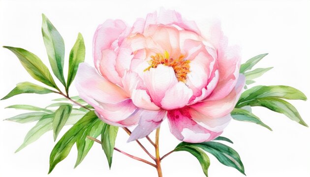 peony flower watercolor drawing gentle pink bloom on a stem with green leaves white background