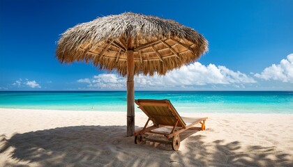 a beach chair under a thatched umbrella on a sandy beach with a blue ocean in the background