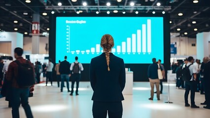 Businesswoman observing a rising financial graph on a large screen at a conference.